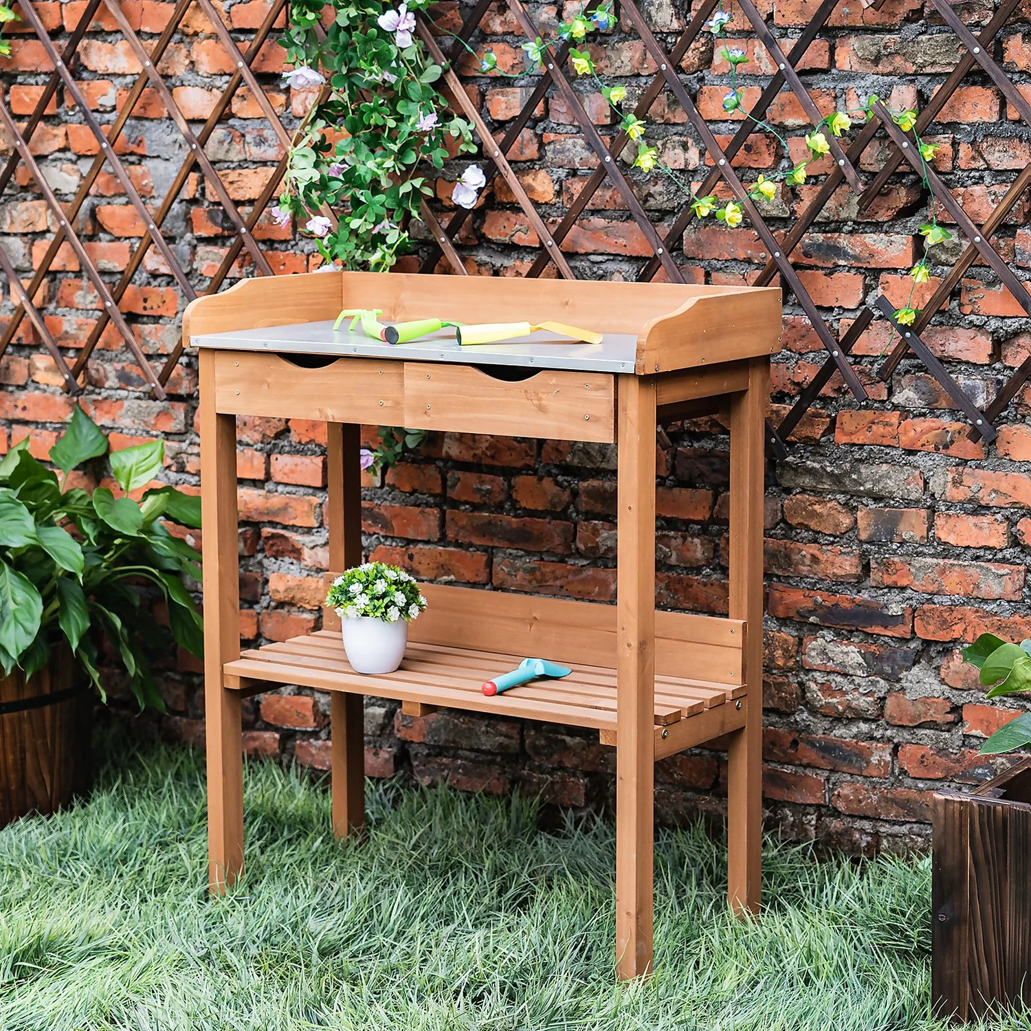Garden Potting Bench With Two Drawers & Shelf 4 Garden Potting Bench With Two Drawers & Shelf - Image 2