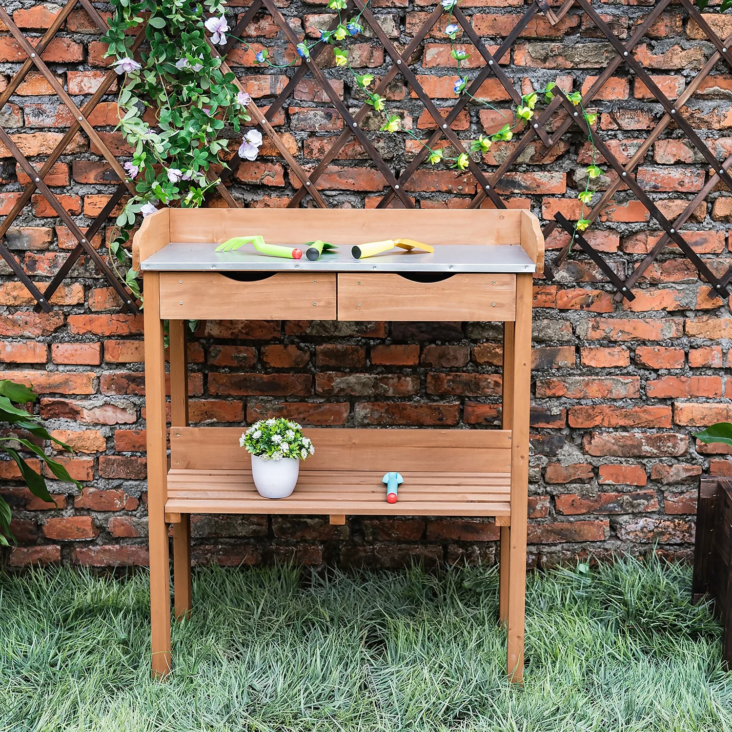 Garden Potting Bench With Two Drawers & Shelf 5 Garden Potting Bench With Two Drawers & Shelf - Image 3
